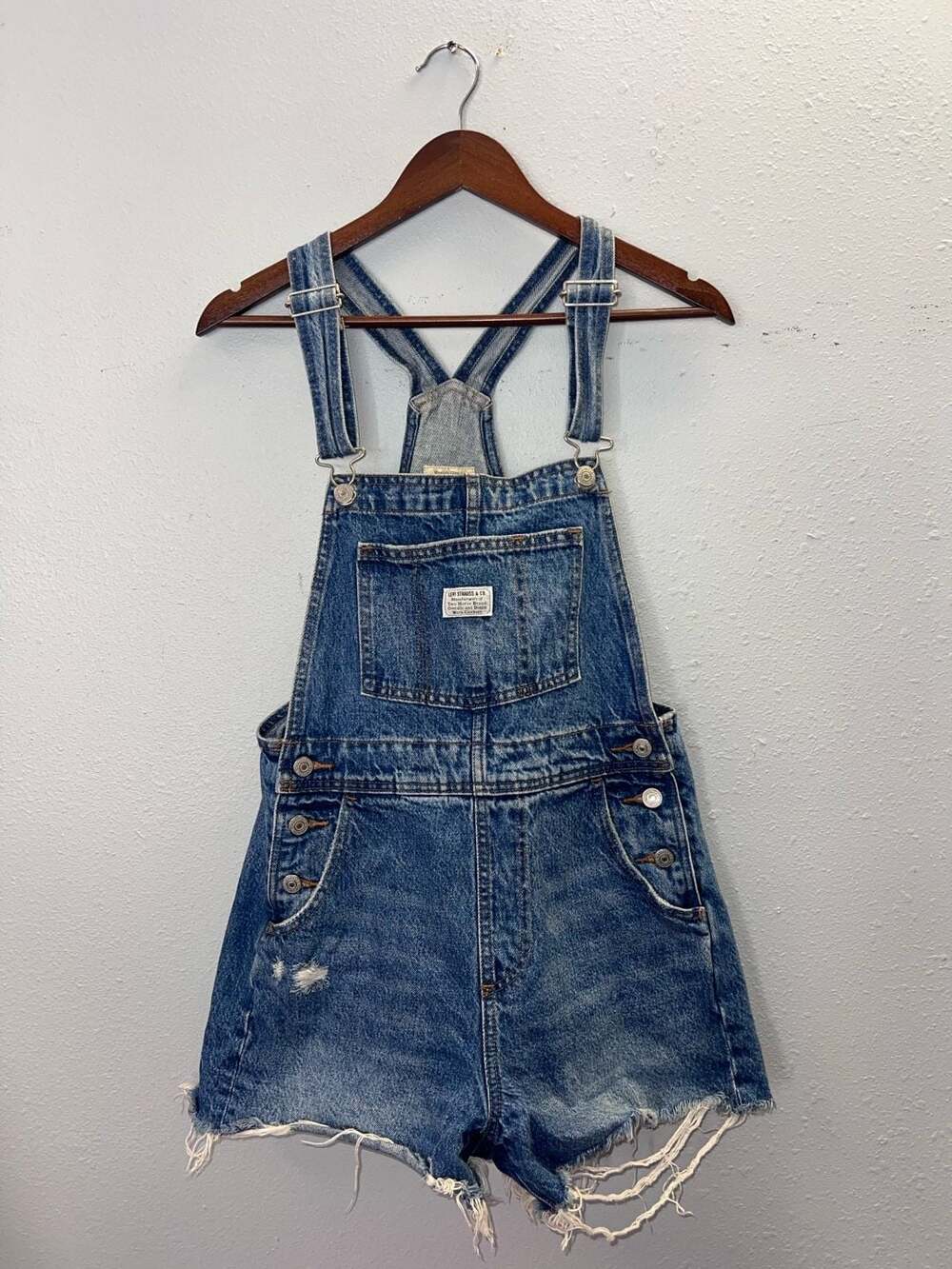 Levis Premium Womens XS Denim Shortalls Cut Off Raw Hem Overalls Shorts